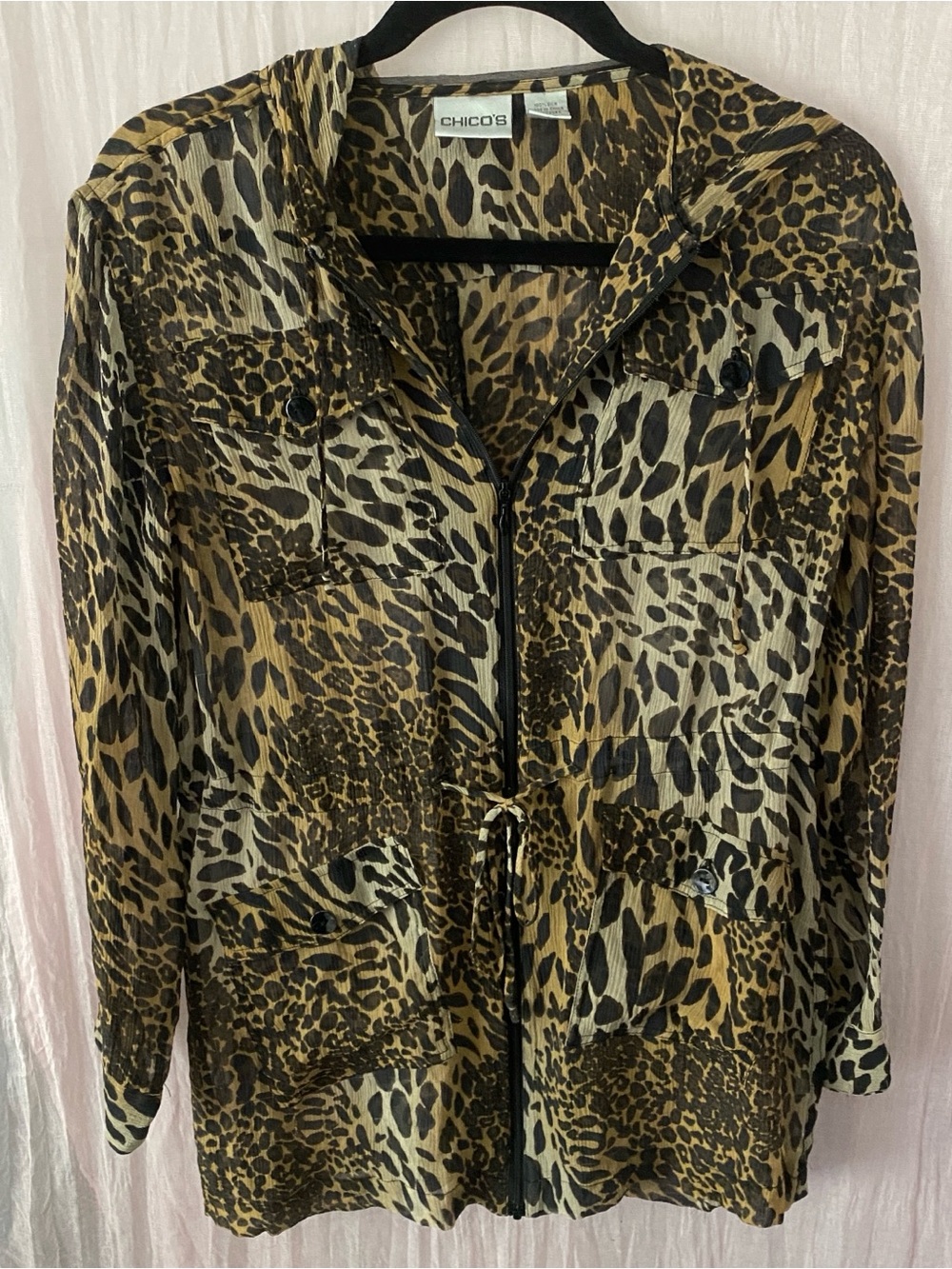 Chico's Leopard-Print Zip 100% Silk Shirt Jacket in Brown and Black Maximalist S